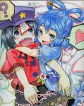  ? blue_dress blue_eyes blue_hair blush_stickers dress flower hair_ornament hair_rings hair_stick hat heart hug jiangshi kaku_seiga kingin miyako_yoshika multiple_girls open_mouth outstretched_arms sharp_teeth shawl shikishi short_hair skirt spoken_heart star teeth touhou traditional_media vest zombie_pose 