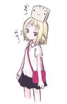  bad_id bad_pixiv_id bag blonde_hair copyright_request dice hatsume-chan kiira messenger_bag object_on_head open_mouth pleated_skirt shirt short_hair short_sleeves shoulder_bag simple_background skirt solid_circle_eyes solo white_background 