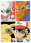  1boy anger_vein ash_ketchum baseball_cap black_hair blue_eyes brown_eyes charizard closed_mouth crossed_arms dragon_ball dragon_ball_z fangs hat highres looking_at_viewer mewtwo pikachu pokemon pokemon_(anime) pokemon_(creature) purple_eyes scouter shirt tail wesatinthecar zooming_in 