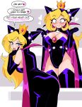  1girl absurdres black_dress blonde_hair blue_eyes blush boots bracelet breasts cape cleavage crown dress elbow_gloves english_text fang gloves highleg highleg_leotard highres hooded_dress jewelry latex latex_dress leather_dress leotard long_hair mario_(series) mario_power_tennis mario_tennis microdress mini_crown nico-neko pink_nose racket spiked_bracelet spikes tennis_racket thigh_boots thighhighs warupeach 