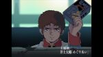  1980s_(style) 1boy amuro_ray blue_eyes brown_hair gundam gundam_gquuuuuux highres holding looking_at_viewer male_focus meme military military_uniform mobile_suit_gundam retro_artstyle science_fiction short_hair yamany 