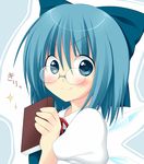  bad_id bad_pixiv_id bespectacled blue_eyes blue_hair blush book bow cirno glasses hair_bow holding holding_book oniku_(shimofuri-ke) short_hair smile solo touhou wings 