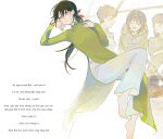  1boy 2girls ao_dai axis_powers_hetalia barefoot black_hair bow brown_eyes dress green_dress hair_bow highres long_hair long_sleeves looking_at_viewer lying multiple_girls on_back pants ponytail scmoou translation_request vietnam_(hetalia) vietnamese_clothes vietnamese_text white_pants 