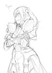  armor armored_dress cosplay cyzir_visheen dress fate/stay_night fate_(series) gauntlets gilgamesh gilgamesh_(cosplay) greyscale hair_bobbles hair_ornament ibarazaki_emi katawa_shoujo monochrome sketch solo twintails white_background 