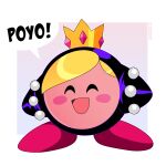  ^_^ absurdres artist_name black_bodysuit blonde_hair blush_stickers bodysuit closed_eyes colored_skin copy_ability cosplay crossover crown deviantart_username happy highres hood hood_up kirby kirby_(series) latex latex_bodysuit mario_(series) mario_power_tennis mario_tennis mini_crown nico-neko pink_gemstone pink_skin purple_bodysuit speech_bubble swept_bangs transformation twitter_logo twitter_username warupeach warupeach_(cosplay) web_address 