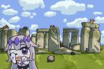  1girl animal bing_huyue bird blush_stickers bridal_gauntlets chest_jewel chibi circlet cloud fox fox_tail gem giraffe grasslands hair_flaps hand_jewel hide_and_seek highres hololive hololive_english koseki_bijou koseki_bijou_(1st_costume) long_hair non-web_source one_eye_closed open_mouth purple_eyes purple_gemstone purple_hair rabbit rabbit_tail raccoon snake squirrel stonehenge tail turtle virtual_youtuber white_bridal_gauntlets 