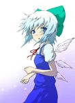  bad_id bad_pixiv_id blue_eyes blue_hair bow cirno dress giorx78 gradient gradient_background hair_bow looking_at_viewer messy_hair open_mouth pale_skin ribbon short_hair short_sleeves simple_background solo touhou wings 
