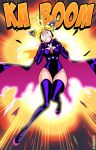  1girl absurdres black_cape black_gloves black_leotard blonde_hair blue_eyes boots cape crown elbow_gloves explosion gloves highres leotard looking_at_viewer mario_(series) mario_power_tennis mario_tennis nico-neko pink_cape solo sound_effects teeth thigh_boots torn_cape torn_clothes two-sided_cape two-sided_fabric warupeach 