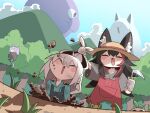  3girls :3 absurdres alternate_costume animal_ear_fluff animal_ears black_hair blue_hair blush bug_costume cat_ears cat_girl cat_tail closed_eyes cocomayo29_(tomato) commentary_request day dutch_angle fang fox_ears fox_girl fubuzilla_(shirakami_fubuki) gloves grabbing_another&#039;s_ear grass grey_shirt half-closed_eyes hand_on_another&#039;s_ear hat highres holding_sickle hololive korean_commentary mountain multicolored_hair multiple_girls nekomata_okayu okanyan_(nekomata_okayu) ookami_mio open_mouth outdoors overalls partially_buried purple_hair red_hair red_overalls shirakami_fubuki shirt standing straw_hat streaked_hair tail tree virtual_youtuber white_gloves white_hair wolf_ears wolf_girl 