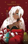  1girl blue_eyes breasts cleavage dark_skin earrings english flower hair_flower hair_ornament japanese_clothes jewelry kimono large_breasts long_hair mami mami_(apsaras) new_year off_shoulder open_mouth original tattoo white_hair 