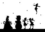  absurdres bow cirno daiyousei flying greyscale hair_bow highres kitazinger letty_whiterock long_hair monochrome multiple_girls outstretched_arms rumia short_hair silhouette snowflakes snowman spread_arms touhou wings 