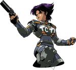  angry armor breastplate clenched_hand fingerless_gloves gloves green_eyes gun handgun knee_pads konoko oni_(game) purple_hair revolver short_hair shoulder_pads solo transparent_background vector_trace weapon 