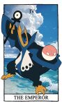  animal_focus black_eyes blue_sky card_(medium) carrotzmoonman closed_mouth cloud cloudy_sky commentary empoleon english_commentary flat_color highres holding holding_staff no_humans outdoors pokemon pokemon_(creature) roman_numeral screenshot_background sky staff tarot tarot_(medium) the_emperor_(tarot) unown unown_(other) voltorb 