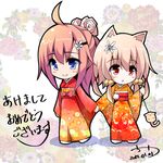  animal_ears bell blue_eyes cat_ears chibi chiri_(atlanta) chiriko_(atlanta) dated floral_print flower hair_ornament japanese_clothes kikumon kimono multiple_girls new_year original pink_hair red_eyes ten'inkou_korin 