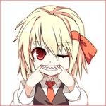  bad_id bad_pixiv_id blonde_hair face grin mouth_pull one_eye_closed portrait red_eyes rumia shamo_(koumakantv) sharp_teeth smile solo teeth touhou white_background 