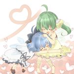  ^_^ ahoge alternate_costume ankle_lace-up barefoot blue_hair bow child cirno closed_eyes cross-laced_footwear daiyousei dress green_hair hair_bow hair_ribbon heart heart_of_string hug multiple_girls open_mouth ribbon shii_(cocoa) shoes short_hair side_ponytail smile touhou wings yellow_dress 