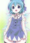  adapted_costume black_legwear blue_eyes blue_hair blush bow buttons cirno embellished_costume hair_bow highres open_mouth ribbon shift_(waage) short_hair simple_background solo thighhighs touhou wings zettai_ryouiki 