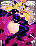  1girl absurdres aged_up animal_ears ass black_cape black_gloves black_hood black_leotard blonde_hair blue_eyes boots bracelet breasts brooch cape cleavage collared_cape crown elbow_gloves fake_animal_ears fake_horns fangs garlic gloves glowing high_collar high_heel_boots high_heels highleg highleg_leotard highres hood hood_up horns jewelry knee_boots large_breasts leotard long_eyelashes long_hair mario_(series) mario_power_tennis mario_tennis mini_crown nico-neko panicking pink_cape pink_gemstone platform_boots power-up purple_cape purple_gloves purple_hood purple_leotard skull_brooch sleeveless_leotard sparkle spiked_belt spiked_bracelet spikes turn_pale two-tone_cape warupeach 