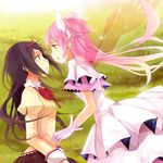  akemi_homura black_eyes black_hair bow dress gloves grass hair_bow hairband jing_hu kaname_madoka long_hair magical_girl mahou_shoujo_madoka_magica multiple_girls open_mouth pink_hair profile school_uniform skirt ultimate_madoka wings yellow_eyes 