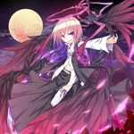  alternate_costume bad_id bad_pixiv_id black_wings breasts cleavage dress ex-rumia fang full_moon gradient_hair halo ichiyan long_hair midriff moon multicolored_hair navel outstretched_arm purple_eyes purple_hair ribbon ribbon-trimmed_legwear ribbon_trim rumia small_breasts solo thighhighs touhou wings yellow_moon 