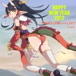  2012 ass black_hair dragon_girl dragon_tail ears happy_new_year horns looking_back monster_girl new_year original pointy_ears solo tail tarayama thighhighs yellow_eyes 