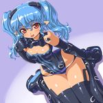  bad_id bad_pixiv_id black_legwear blue_hair blush breasts busou_shinki cleavage dd_(ijigendd) doll_joints from_above long_hair looking_at_viewer looking_up medium_breasts open_mouth pointy_ears red_eyes shiny shiny_skin sitting solo thighhighs thighs twintails valona wariza 