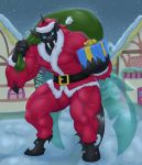  2018 absurd_res blues64 bulge changeling christmas clothed clothing costume gift hat hi_res hole_(anatomy) holidays horn looking_at_viewer male marauder6272 my_little_pony outside santa_costume santa_hat snow solo torn_clothing 