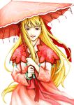  antaria blonde_hair kye_wol_hyang long_hair looking_at_viewer open_mouth oriental_umbrella red_eyes shin_angyou_onshi signature solo umbrella very_long_hair 