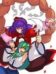  arm_up armpits detached_sleeves dress frog frog_hair_ornament gohei green_hair hair_ornament kochiya_sanae long_hair midriff multiple_girls navel open_mouth purple_hair red_eyes rope shimenawa smile snake tetsu_(kimuchi) touhou yasaka_kanako yellow_eyes 