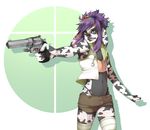  clothing girly green_eyes grin gun hair hairband half-shirt jacket jazminbunni lagomorph purple rabbit rainbow ranged_weapon revolver shorts spots stockings thong uzai weapon 