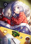  1girl aircraft airplane blue_hair blush coffee coffee_cup cup disposable_cup enemy_lifebuoy_(kantai_collection) food fruit gotland_(kantai_collection) kantai_collection kotatsu kyon_(fuuran) long_hair long_sleeves lying mandarin_orange mole mole_under_eye on_side open_mouth sheep sleepwear student table 