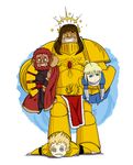  @_@ ^_^ ahoge armor artoria_pendragon_(all) beard blonde_hair brown_hair cape carrying carrying_under_arm chibi closed_eyes crossover dress drooling emperor_of_mankind facial_hair fate/zero fate_(series) gauntlets gilgamesh gold grin halo highres king laren_door laurel_crown laurels long_hair o_o power_armor red_hair rider_(fate/zero) saber signature smile standing_on_person warhammer_40k 
