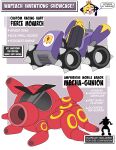  1girl absurdres arm_cannon black_hood blonde_hair chibi closed_eyes crown fang go-kart gunion hair_over_one_eye highres hood hood_up index_finger_raised mario_(series) mario_kart mario_power_tennis mario_tennis mecha mini_crown nico-neko octopus open_mouth purple_hood robot smile solo spiked_tire spiked_wheel super_mario_land turbine warupeach weapon 
