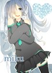  character_name crossed_arms detached_sleeves hair_over_one_eye hatsune_miku heart hiiro long_hair necktie open_mouth skirt sleeves_past_wrists smile solo thighhighs twintails vocaloid zoom_layer 