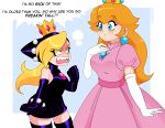  >:( 2girls absurdres angry bare_shoulders black_dress black_gloves blonde_hair blue_brooch blue_eyes blue_gemstone boots bracelet breasts clenched_hand crown dress earrings elbow_gloves eyelashes gem gloves hair_between_eyes hair_over_one_eye hand_on_own_chest head_steam height_conscious height_difference highres hood hood_up hooded_dress jealous jewelry large_breasts latex latex_dress leather_dress mario_(series) mario_power_tennis mario_tennis medium_breasts mini_crown multiple_girls nico-neko parted_lips petite pink_brooch pink_dress pink_gemstone princess_peach puffy_short_sleeves puffy_sleeves purple_dress purple_gloves sharp_teeth short_dress short_sleeves shouting sleeveless sleeveless_dress sphere_earrings spiked_bracelet spikes teeth thigh_boots v-shaped_eyebrows warupeach white_gloves x_cutout 