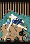  absurdres bad_id bad_pixiv_id barefoot closed_eyes crown gears globe green_hair hatsune_miku highres letterboxed long_hair reaching solo_focus striped striped_background twintails very_long_hair vocaloid wataame 