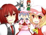  :d alternate_hair_length alternate_hairstyle apron ascot bat_wings between_fingers blonde_hair blue_hair braid china_dress chinese_clothes covering_eyes crossed_arms dress dress_shirt fang flandre_scarlet frills h-arukiti hand_on_another's_face hat hat_ribbon hong_meiling izayoi_sakuya knife koakuma long_hair maid maid_headdress multiple_girls necktie nose_bubble open_mouth red_eyes red_hair red_neckwear remilia_scarlet ribbon shirt short_hair silver_hair simple_background skirt skirt_set sleeping sleeping_upright sly smile star touhou troll_face twin_braids vest waist_apron wavy_mouth wings 