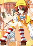  absurdres bad_id bad_pixiv_id blush eating food green_eyes hat highres nanahosi_seiiki pocky red_hair short_hair solo striped striped_legwear tantei_opera_milky_holmes yuzurizaki_nero zoom_layer 