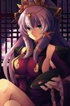  alcohol blue_eyes breasts cup large_breasts long_hair petals purple_hair sakazuki sake sangokushi_taisen solo sumeragi_oruta zhang_chunhua_(sangokushi_taisen) 