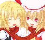  blonde_hair closed_eyes fang flandre_scarlet multiple_girls open_mouth reg_(artist) rumia scarf shared_scarf short_hair slit_pupils smile touhou 