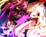  bow clenched_teeth danmaku dress fang fire fujiwara_no_mokou hair_bow hair_ribbon hat highres long_hair meracle multiple_girls purple_hair remilia_scarlet ribbon spear_the_gungnir teeth touhou white_hair 