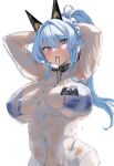  1girl absurdres armpit_crease armpits arms_up bikini bikini_under_clothes blue_bikini blue_eyes blue_hair blush breasts breasts_apart commentary frilled_bikini_top goddess_of_victory:_nikke hair_intakes helm_(aqua_marine)_(nikke) helm_(nikke) highres hii_(motorholic) large_breasts long_hair looking_at_viewer military_uniform naval_uniform official_alternate_costume ponytail see-through_clothes shirt sidelocks simple_background solo string_in_mouth swimsuit tying_hair upper_body white_background white_shirt 