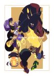  1girl absurdres alolan_dugtrio black_hair bonnet border bright_pupils cccacademia character_name eyelashes gastrodon gloves grey_eyes hapu_(pokemon) highres hippowdon jumpsuit long_hair looking_to_the_side mixed-language_commentary mudsdale open_mouth pokemon pokemon_(creature) pokemon_sm riding riding_pokemon signature swampert teeth tongue white_border white_pupils yellow_background 