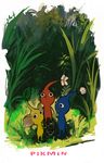  black_eyes blue_skin character_name copyright_name d: ears flower grass leaf looking_at_viewer looking_up no_humans no_mouth open_mouth pikmin pikmin_(creature) pikmin_(series) red_skin sketch yellow_skin 