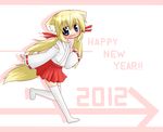  2012 animal_ears blonde_hair blue_eyes detached_sleeves fang fox_ears fox_tail hair_ribbon japanese_clothes koyomi_(shinshia) miko new_year open_mouth original ribbon shinshia solo tail thighhighs 