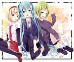  aqua_eyes aqua_hair bad_id bad_pixiv_id blonde_hair green_eyes green_hair gumi hair_ornament hairclip hatsune_miku kagamine_rin kouko leg_hug loafers long_hair multiple_girls necktie open_mouth pantyhose shoes short_hair sitting skirt socks sweater thighhighs twintails very_long_hair vocaloid 