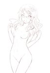  absurdres bespectacled breasts glasses highres kochiya_sanae lineart long_hair moekyon monochrome nipples nude small_breasts smile solo touhou 
