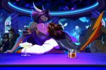 alcohol anthro bar_counter bare_shoulders beverage big_breasts breasts brown_hair canid canine canis cleavage clothed clothing counter dragon duo erect_tail female gills hair hand_on_head head_between_breasts hi_res horn huge_breasts jackal long_hair male male/female mammal mythological_creature mythological_scalie mythology natasha_(toughset) non-mammal_breasts purple_body purple_hair scalie short_hair tail toughset