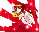  bow brown_hair detached_sleeves hair_bow hakurei_reimu midriff one_eye_closed shirokuro_yagi solo sunburst touhou 