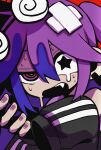  1girl @_@ bare_shoulders black_jacket blue_hair coke-bottle_glasses crossed_bandaids earrings eyewear_on_head fang glasses hair_between_eyes highres jacket jewelry jitome long_hair nattouamejyou opaque_glasses open_mouth paint_in_hair purple_hair purple_nails sidelocks single_tear sleeves_past_fingers sleeves_past_wrists solo star-shaped_pupils star_(symbol) sweat symbol-shaped_pupils track_jacket two_side_up upper_body vocaloid wide-eyed yamada_(iiiichimaru_03) yamada_perfect_(vocaloid) 